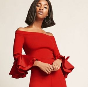 Red Knit Top with Flounce Sleeves